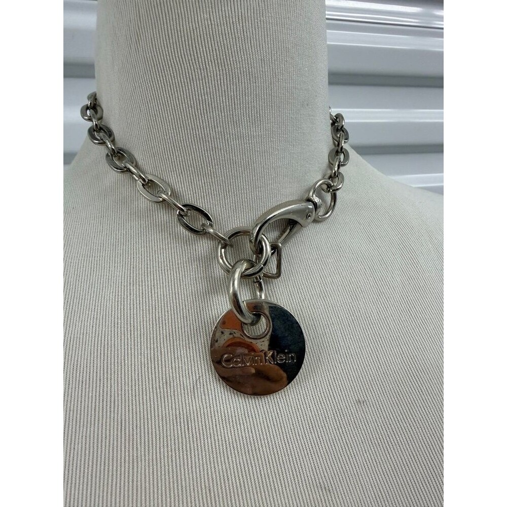 Calvin Klein Silver-Tone Chain Necklace with Logo Pendant